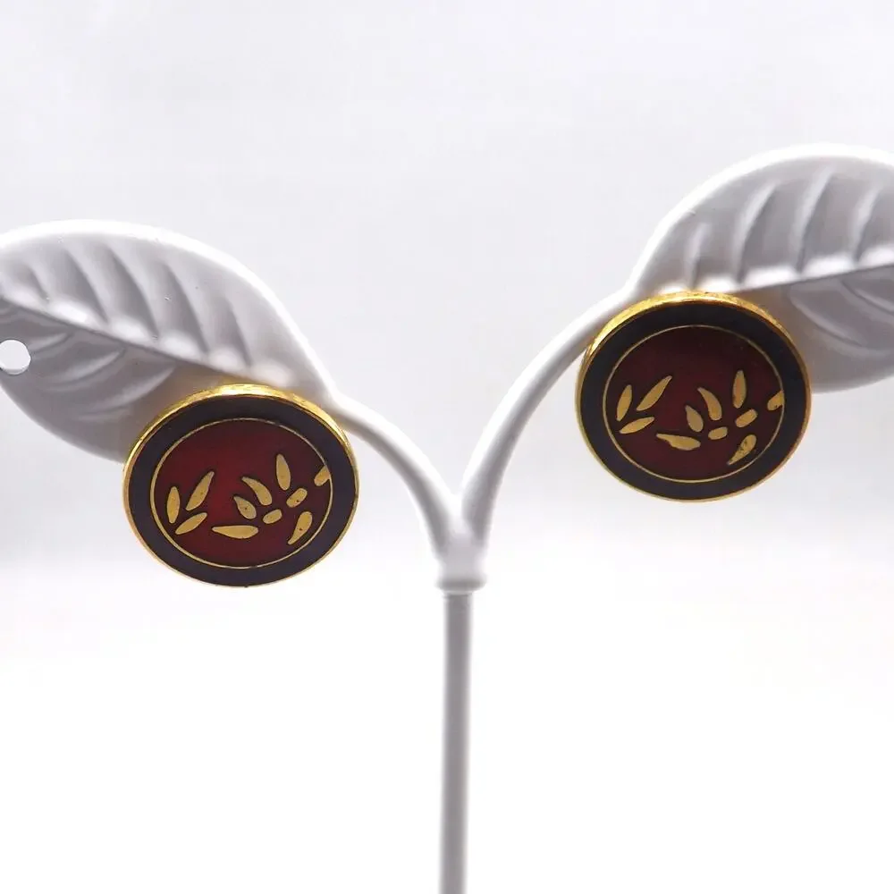 Laurel Burch Bamboo Red Post Earrings, Cloisonné Gold Plated, 1980s Vintage